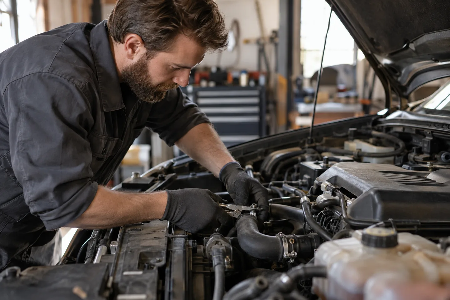 Technician inspecting a radiator hose connection