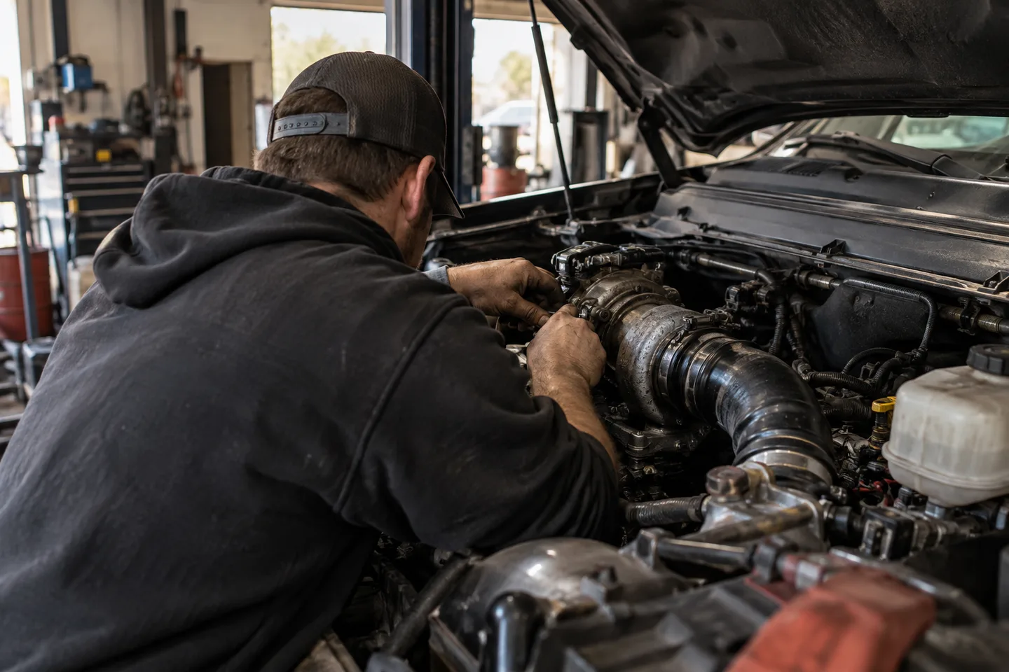 Technician inspecting a diesel engine