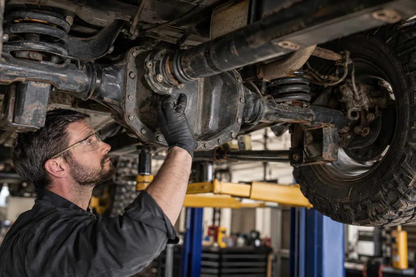 Differential and driveshaft inspected under a four-wheel-drive vehicle