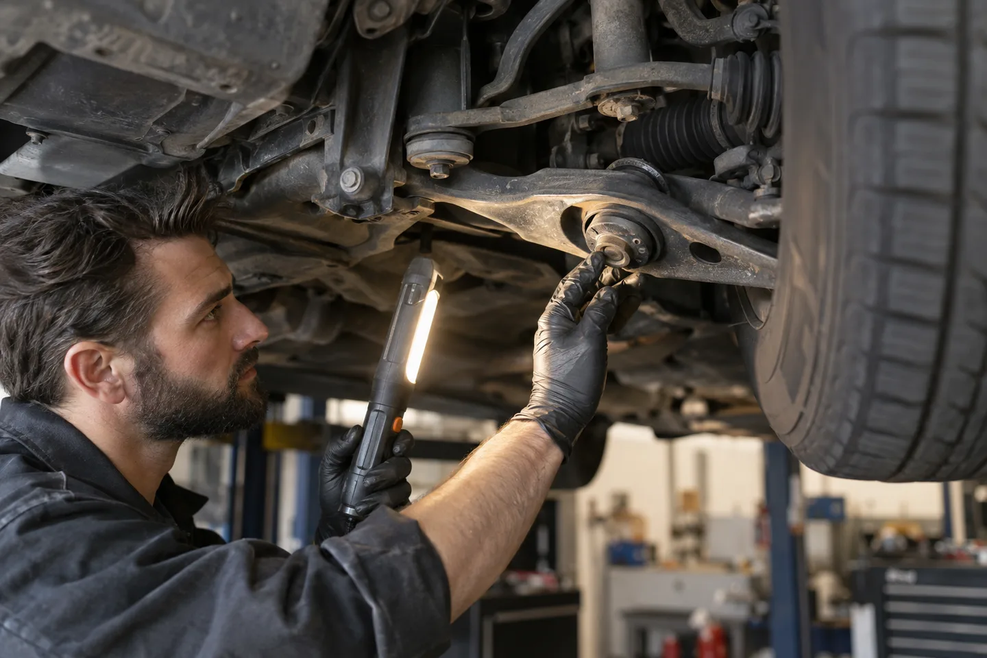 Control arm and suspension inspected under a raised vehicle