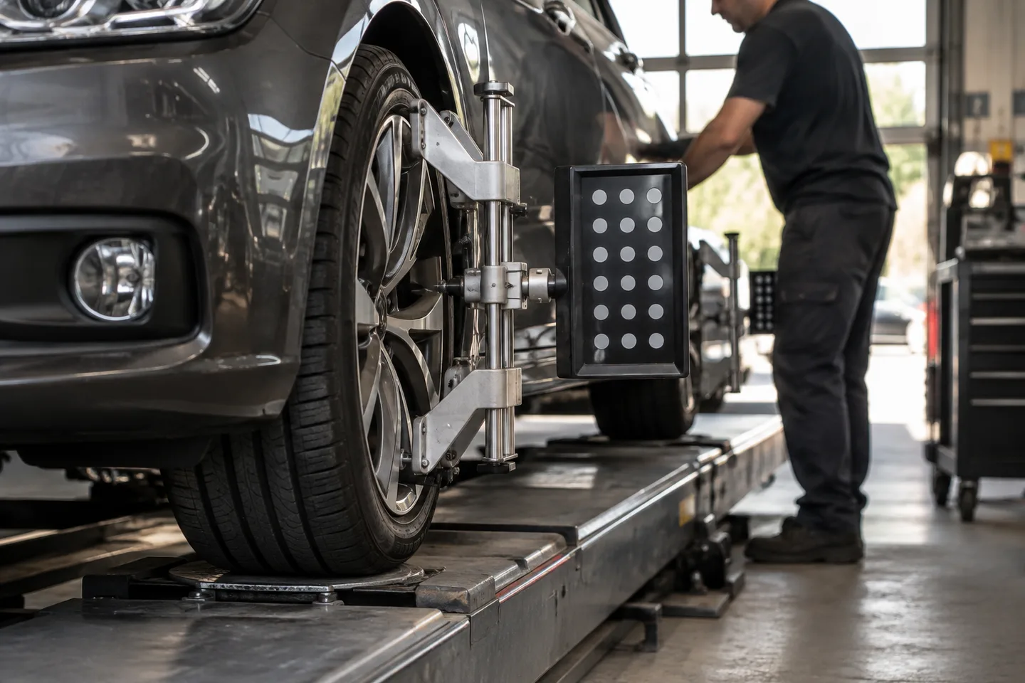 Wheel alignment equipment mounted on a vehicle