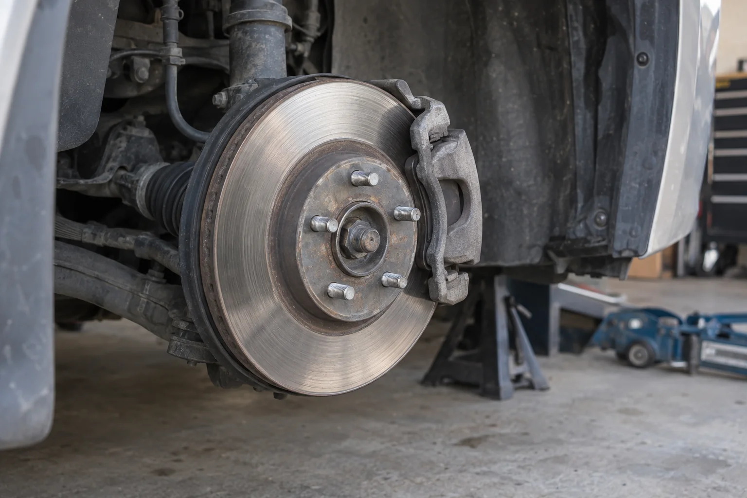 Brake disc and caliper with the wheel removed