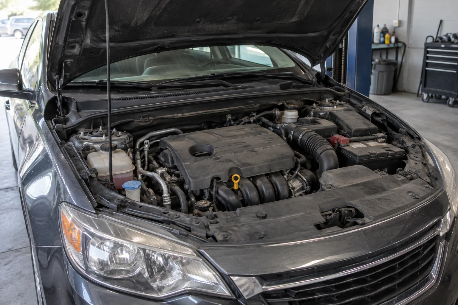 Engine bay with the hood raised for inspection