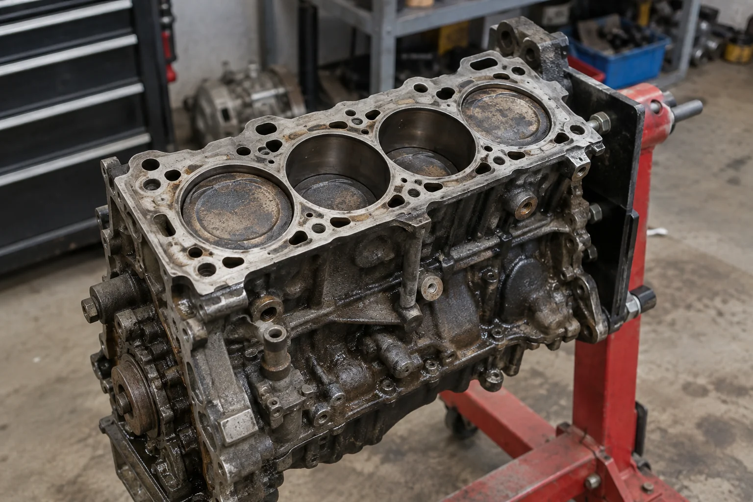 Four-cylinder engine block on a secure engine stand