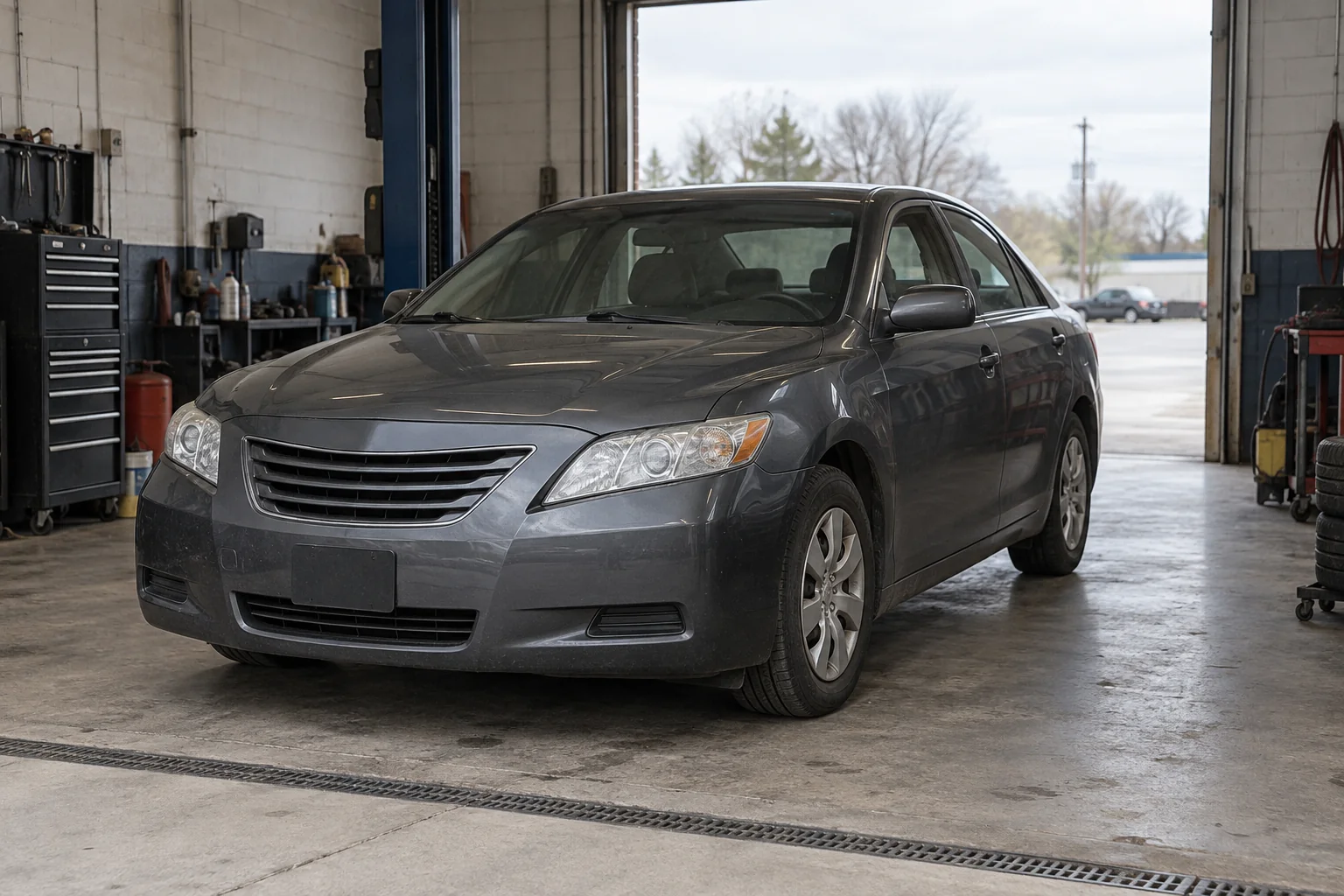 Sedan parked inside a working garage