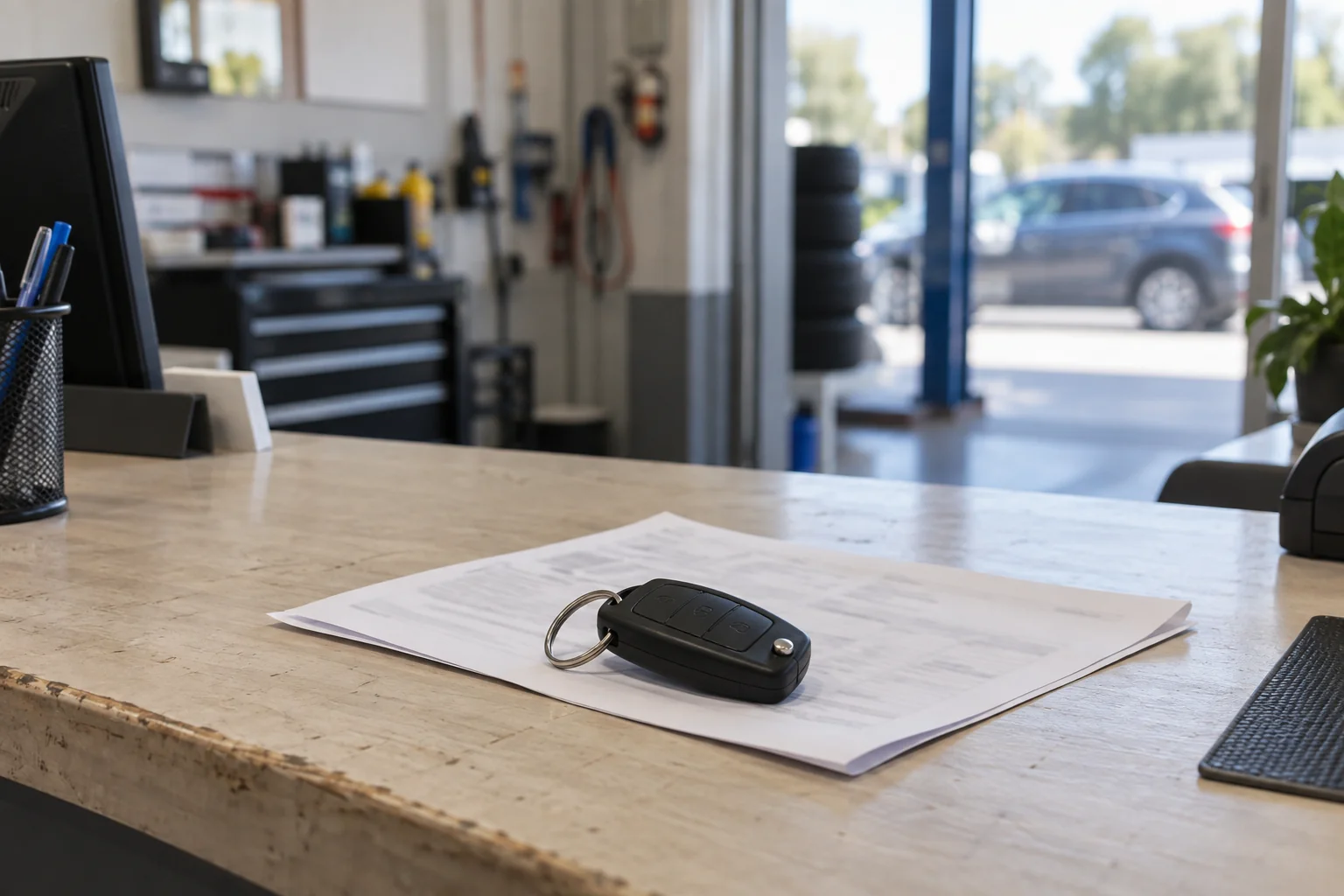 Car keys and service paperwork on a workshop counter