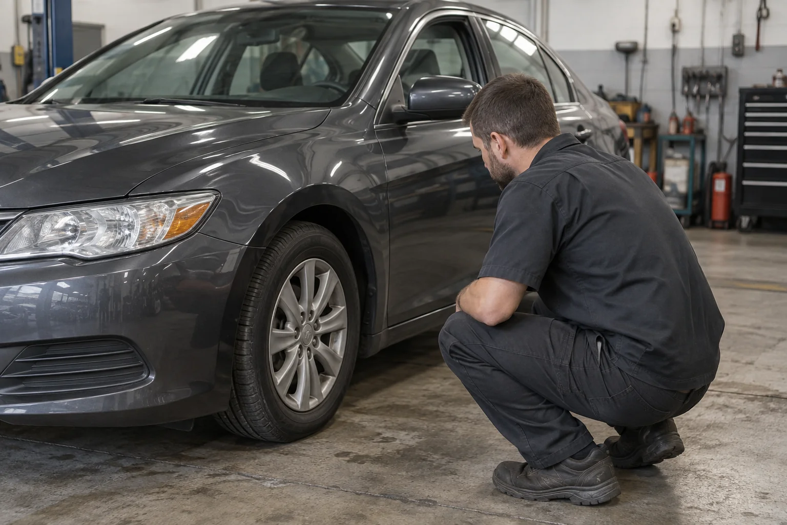 Technician visually checking a car wheel and tire
