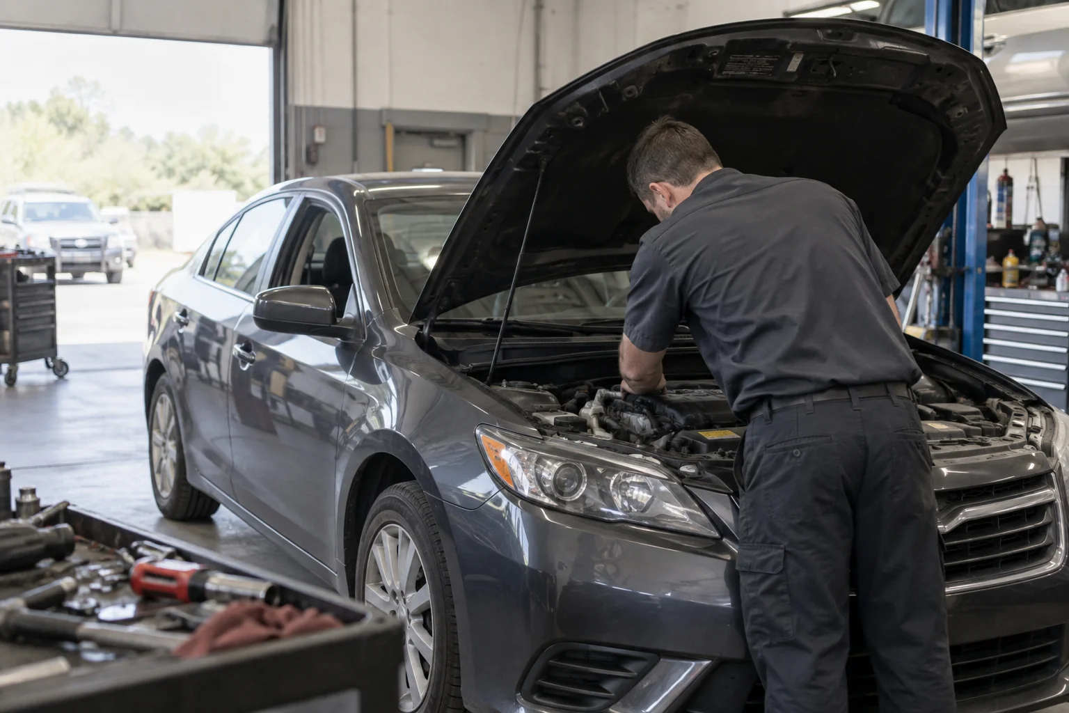 Technician checking under the hood of a car in a daylight workshop
